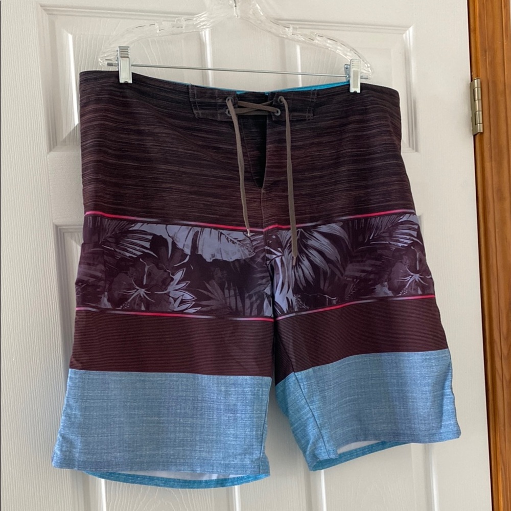 Burnside Blue and Black Board Swim Shorts with Drawstring Waist